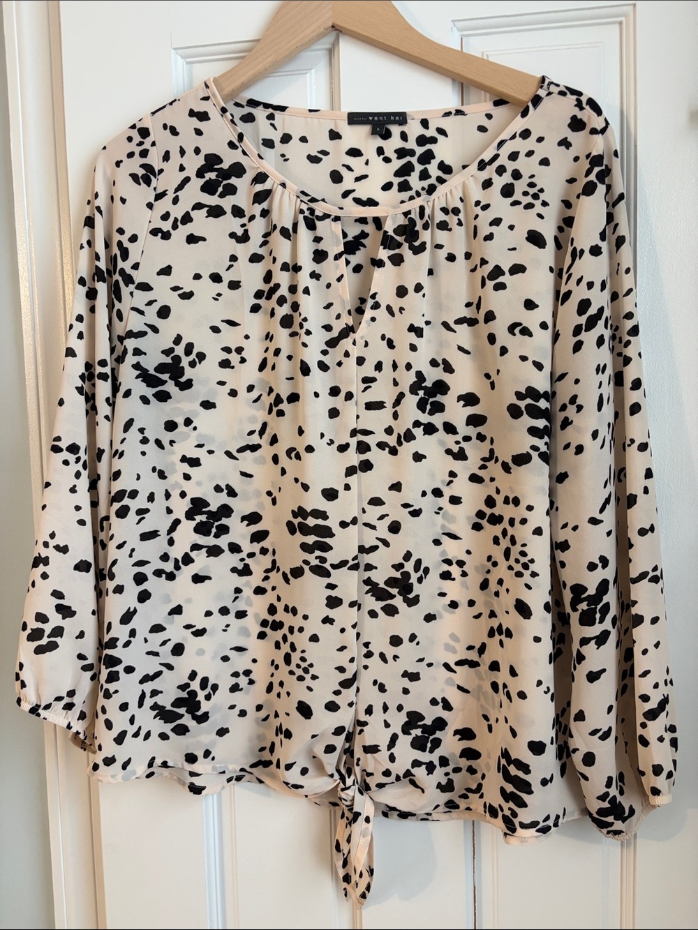 Maeve Cream Blouse with Black Abstract Spot Print and Front Tie